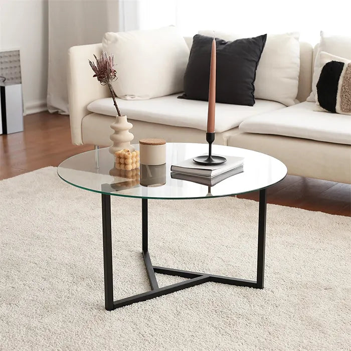 Round Glass Coffee Table with Black Metal Legs , Modern and Unique Center Table for Living Room , Large Smoked Glass Top with Low Steel Base