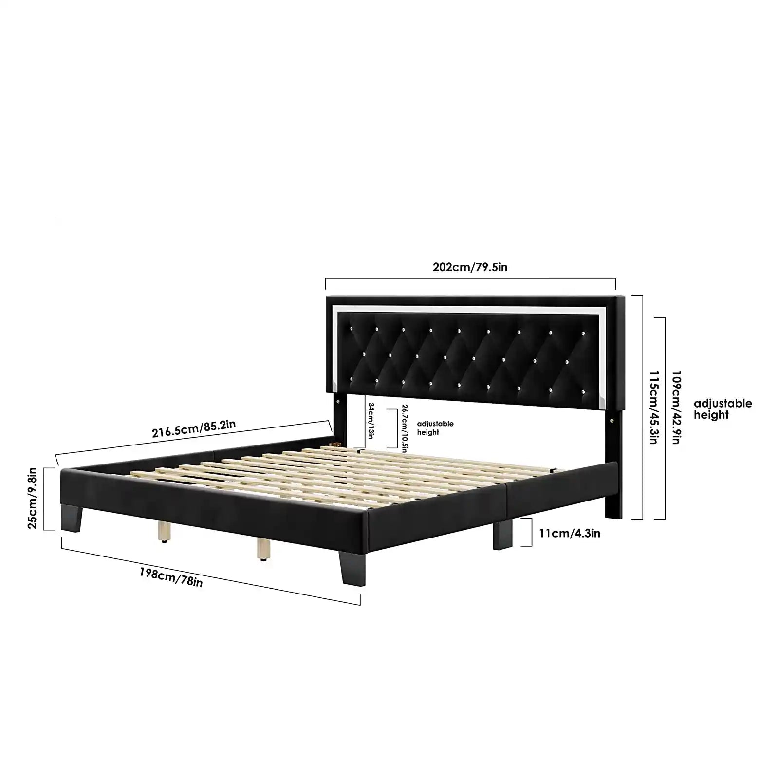 Marco de cama con plataforma tapizada con capitoné de diamantes y cabecera ajustable moderna