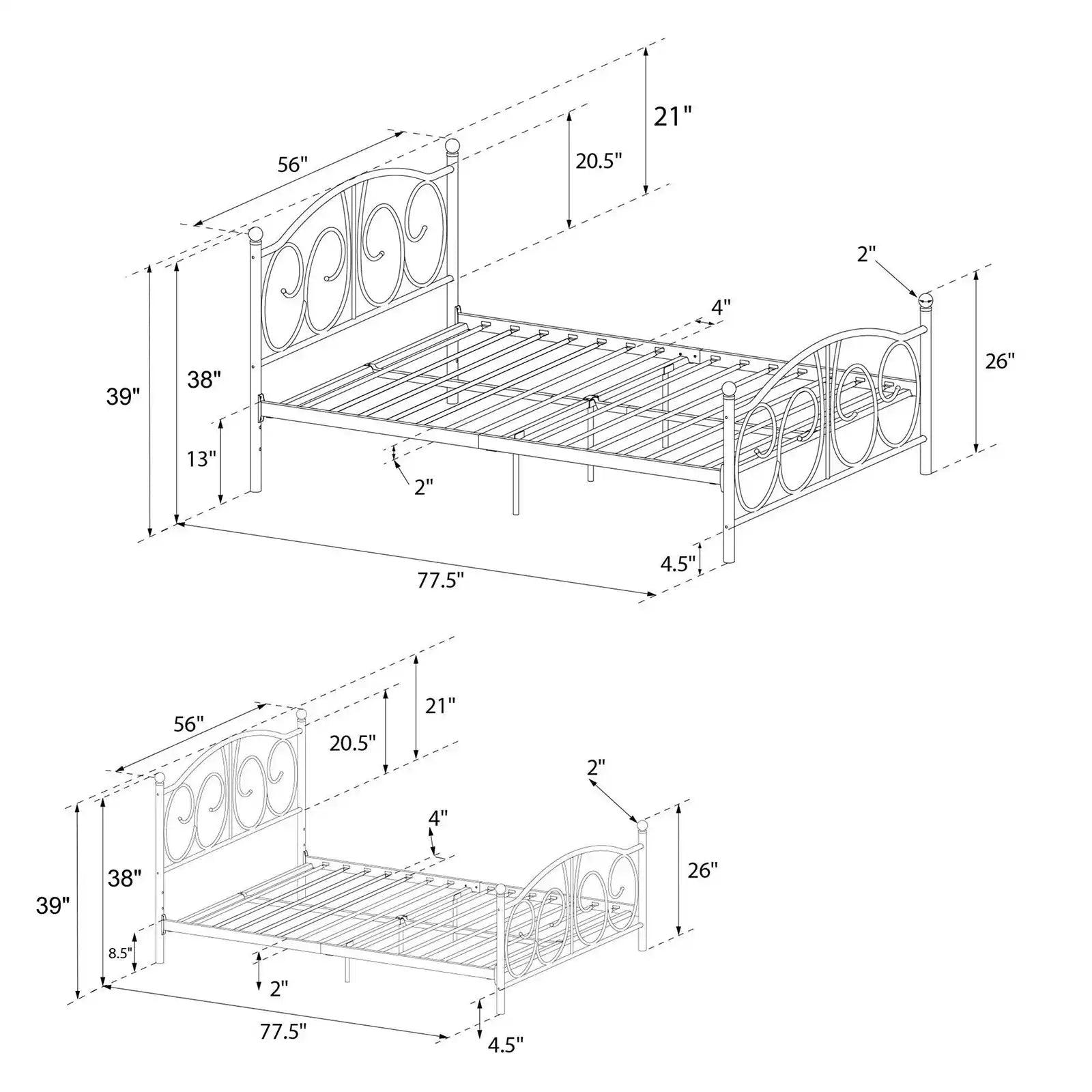 Cama victoriana con plataforma de metal con altura ajustable