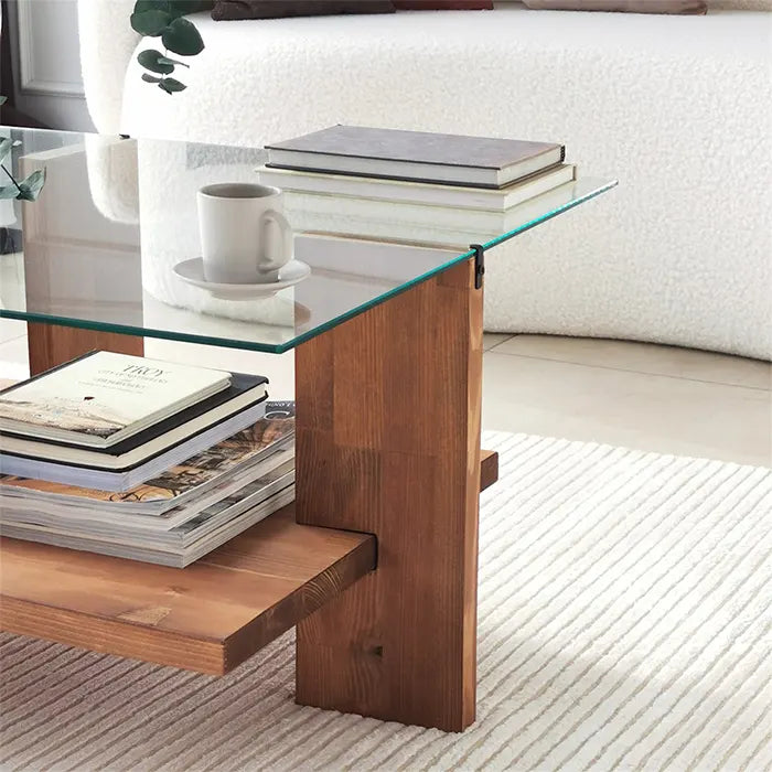 Large Unbreakable Glass Coffee Table with Solid Wood Legs, Walnut Wooden End, Side Accent Table, Unique Low Center Table, Tempered Glass Top