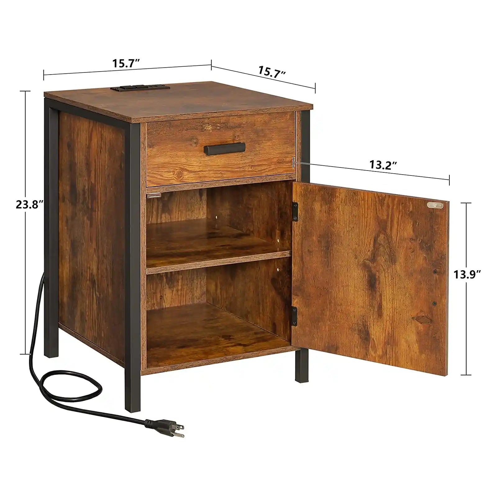 Industrial Nightstand with Charging Station, End Table with Drawer and Cabinet, USB Ports