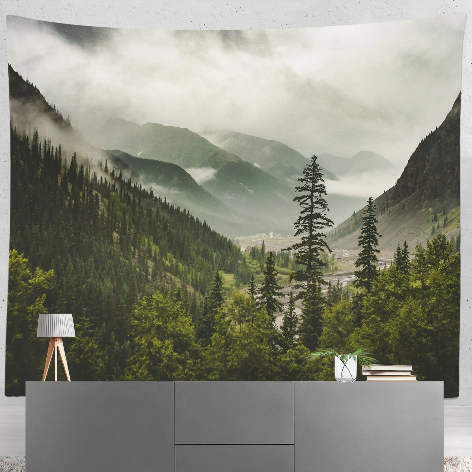 Foggy Mountain Valley Wall Tapestry, Scenic Bedroom Decor