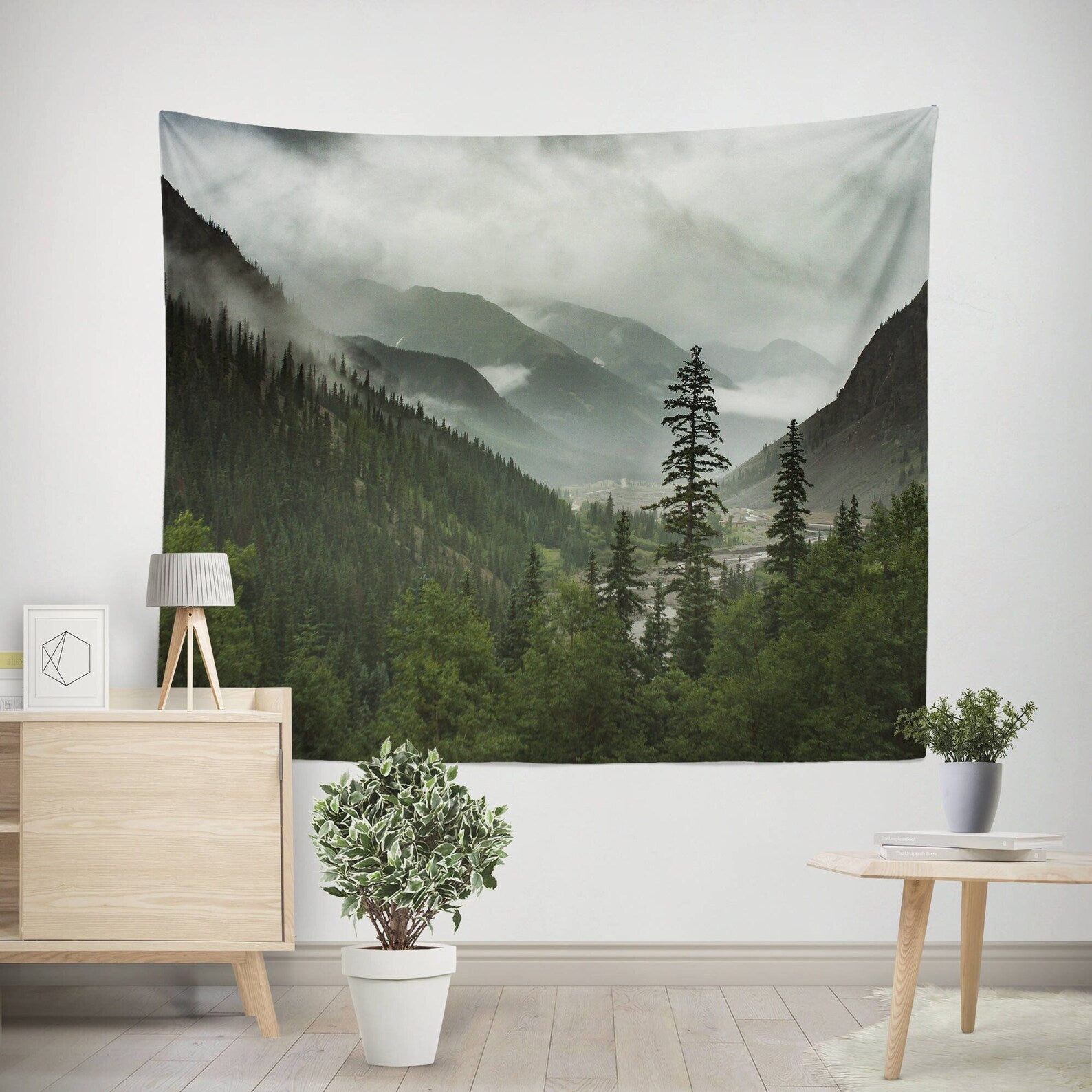 Foggy Mountain Valley Wall Tapestry, Scenic Bedroom Decor